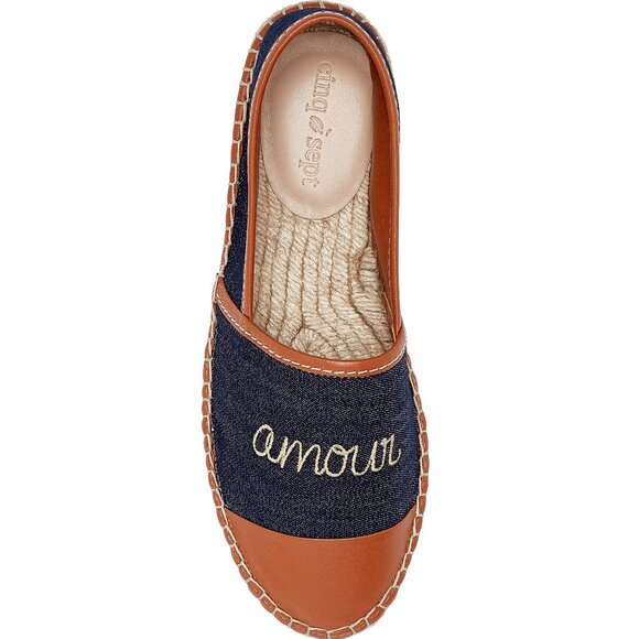 Cinq A Sept Jenna Denim Leather Cognac Espadrille Flats AMOUR 38 7 7.5 Brand NEW - Picture 1 of 8